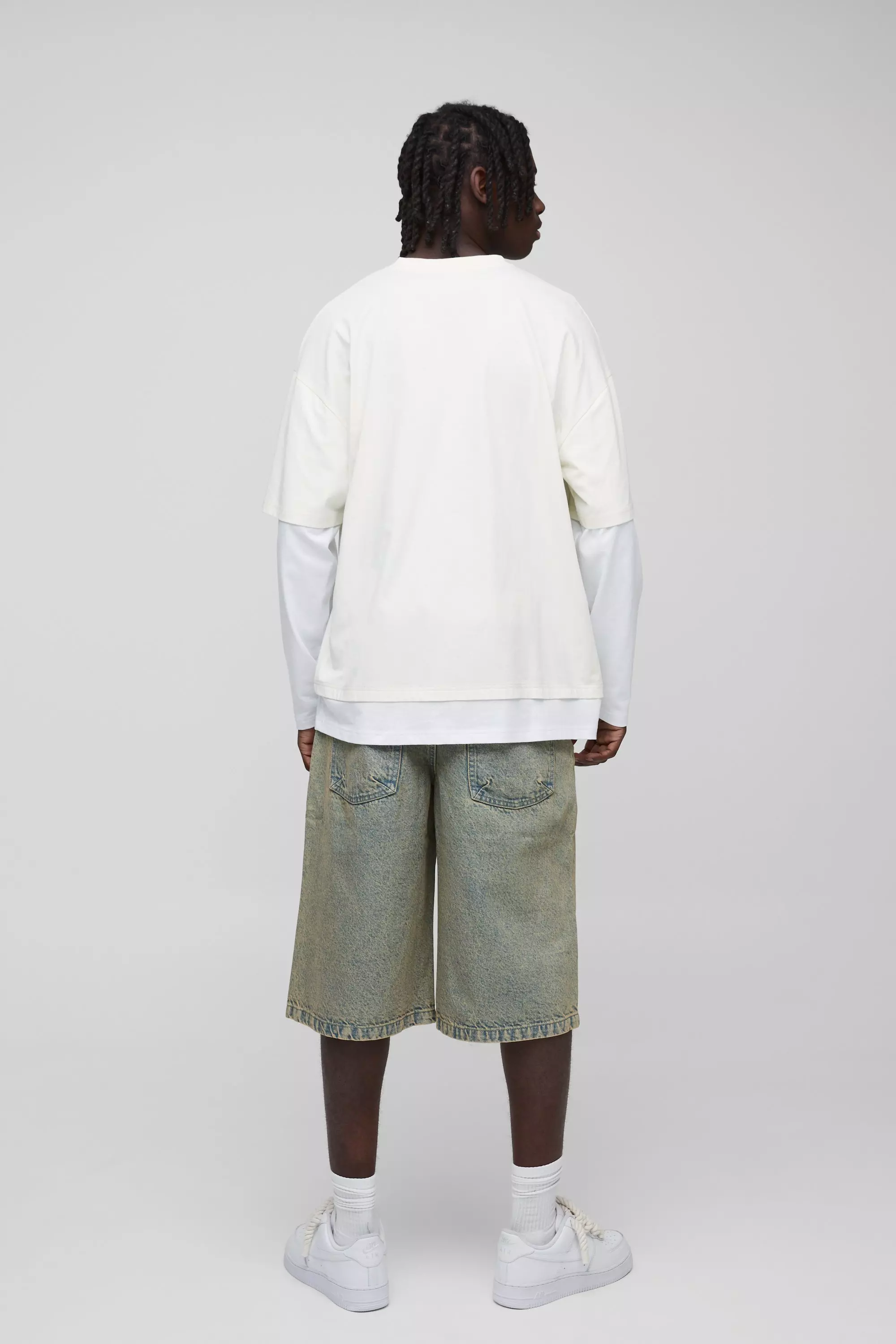 Longline Antique Wash Denim Jorts | boohooMAN USA